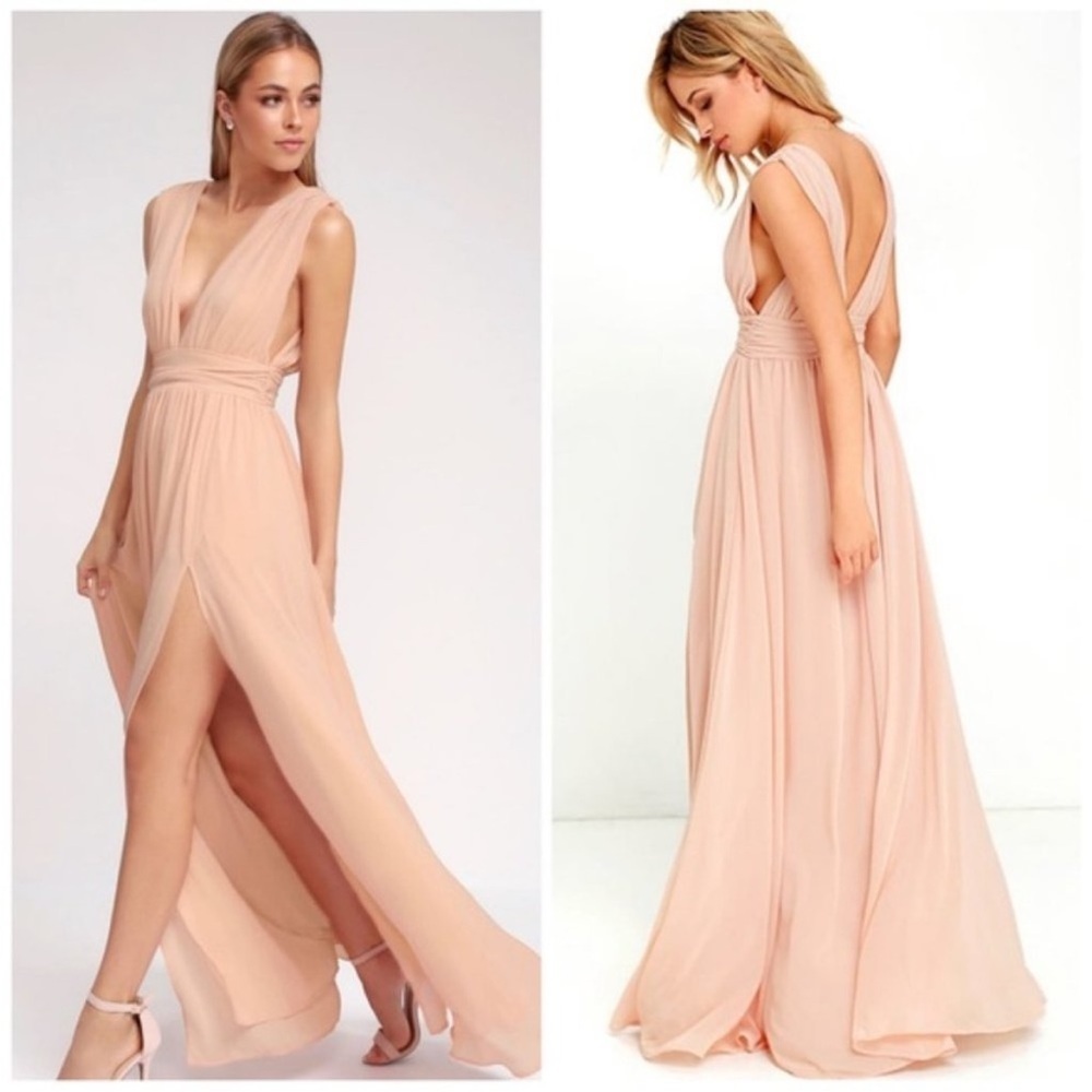 Womens New LuLus Heavenly Hues Deep V Neck High Slit Maxi Dress Blush Pi…